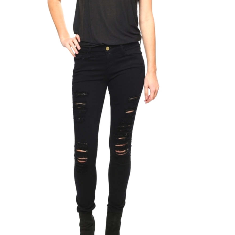 Frame Black Distressed Le Skinny de Jeanne Jeans 29